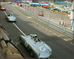 1955 Porsche 550 Spyder, 1957 Porsche 550 A Spyder and 1956 Ferrari 500 TR  at the Monaco Historic Grand Prix